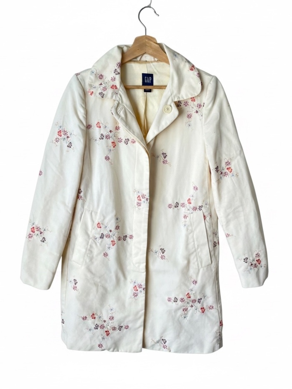 Gap Vintage Y2K Cottagecore Cotton Floral Embroidered Trench Long Coat White